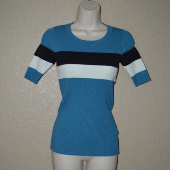 NWOT $235 Sz 1 S Sandro Ribbed Black Blue Short Sleeve Sweater Top - Picture 1 of 7
